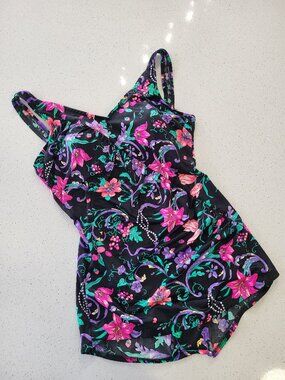 Vintage Floral One Piece Swimsuit Size 14 | Black Pink Retro Bathing Suit